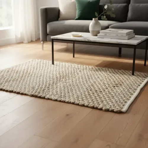 Alfombra Importada De India 100% Artesanal En Yute Y Algodón 90 Cm 60 Cm Beige