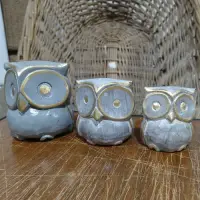 Set X3 Buhos En Madera De Oriente Tallado Importado India Gris