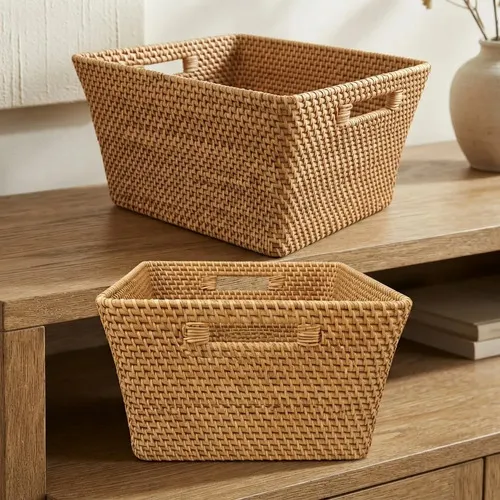 Canasto Organizador Ropa Importado Ratán Natural Pushkar Marrón Claro