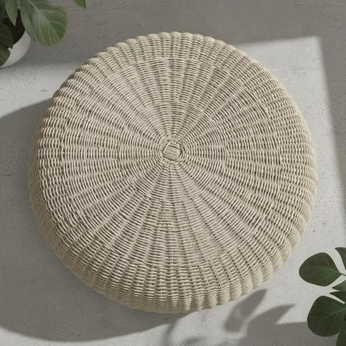 Puf Circular Fibras Naturales Y Madera Artesanal 60 X 35 Cm 