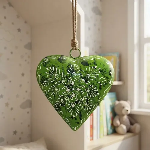 Movil Hindu Colgante Corazón Metal Importado Pintado A Mano Verde