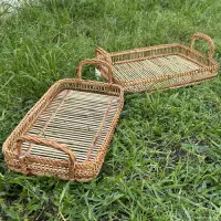 Set X2 Bandejas Rectangular De Bamboo Con Asas Importado Marrón
