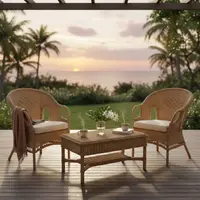 Set X2 Sillones Artesanales Simples En Fibras + Mesa Ratona Marrón Claro