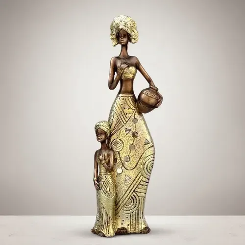 Imagen Africana Con Hijo Estatuilla Importada Oriente Dorado Oscuro