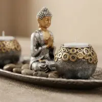Porta Vela Buda Jardin Zen 40 Cm Importado Oriente 2  Velas Gris