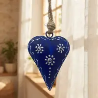 Movil Corazones Tira Metal Pintado Deco De India Artesanal Azul