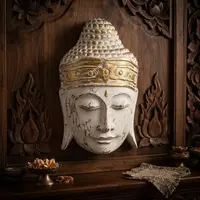 Mascara De Buda En Madera Tallado Artesanal Indonesia Import Blanco Y Dorado