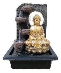 Fuente De Agua Resina 40 Cm Apto Exterior Buda 5 Caidas Zen  Dorado