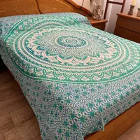 Cubre Camas Hindu - 100% Algodón De India - Colchas - Mantas Verde Y Blanco