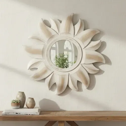 Espejo Artesanal Sol En Madera Indonesia 60cm Pushkar Tienda Blanco