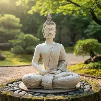 Estatua Buda Loto Resina Apto Exterior Ideal Jardín Blanco