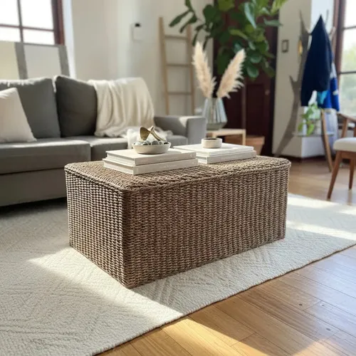 Mesa Ratona Auxiliar Pie Cama Artesanal De Madera Y Fibras Marrón Claro
