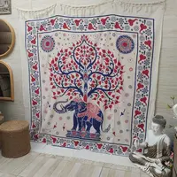 Manta Hindu Rustica Estampada Algodon India 2 Pl Hilado Fino Crudo Con Estampa Roja Y Azul Étnico (elefante Y Árbol De La Vida) 2