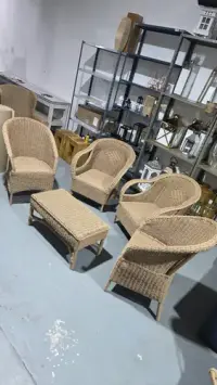 Juego Artesanal Living 4 Sillones + Mesa Kraft/caña/madera Marrón