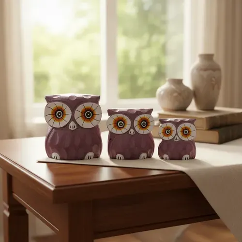 Set X3 Buhos En Madera De Oriente Tallado Importado India Violeta