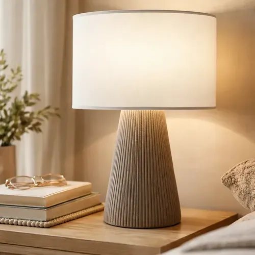 Velador Artesanal Hongo Algodón Indonesia Import Iluminación Beige Blanco