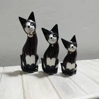 Juego X3 Gatos Tallados Madera Teka Oriente Importados Marrón Oscuro