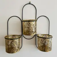 Porta Maceta Triple De Pared En Metal Importado De Oriente Dorado Portamaceta