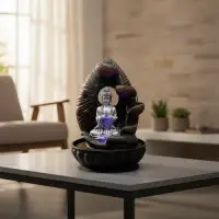 Fuente De Agua Buda Sobre Mano 30 Cm  Led Color Y 3 Caídas Plateado