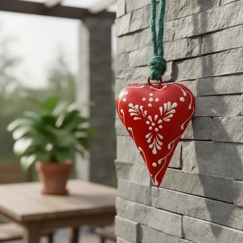 Movil Corazones Tira Metal Pintado Deco De India Artesanal Naranja