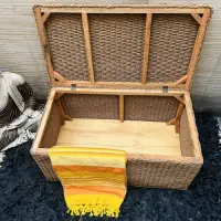 Puf Baul Asiento Rectangular Fibras Naturales Con Tapa 90cm  Marrón Claro Baul Kraft Y Madera