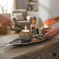 Porta Vela Buda Jardin Zen 40 Cm Importado Oriente 2  Velas Gris