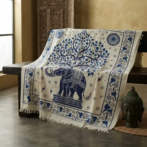 Manta Hindu Rustica Estampada Algodon India 2 Pl Hilado Fino Crudo Con Estampa Roja Y Azul Étnico (elefante Y Árbol De La Vida) 1