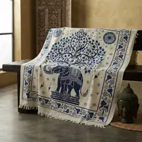 Manta Hindu Rustica Estampada Algodon India 2 Pl Hilado Fino Crudo Con Estampa Roja Y Azul Étnico (elefante Y Árbol De La Vida) 1