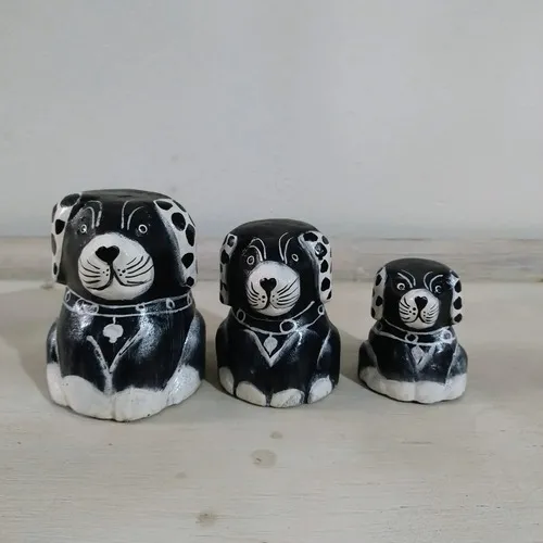 Set 3 Perros En Madera Artesanía India Oferta Decoración Negro