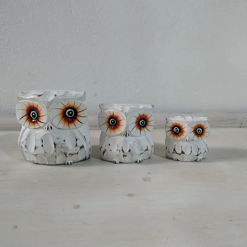 Set X3 Buhos En Madera De Oriente Tallado Importado India Blanco
