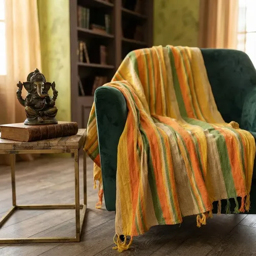 Manta Cobertor Rustico Hindú 1 1/2 Pl Importado India Kerala Naranja Amarilla Verde Rayas