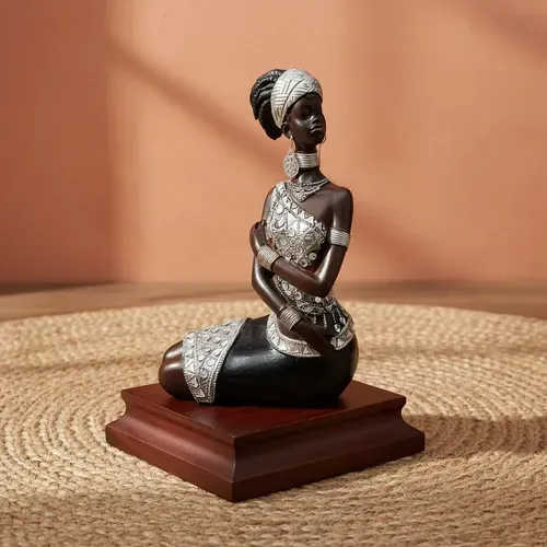 Figura Africana En Resina Y Nacar 20 Cm Importada De Oriente Negro