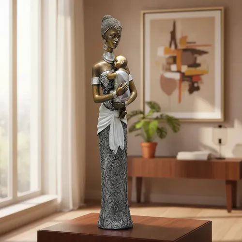 Estatuilla Africana Con Bebe 90 Cm Artesanal Resina Oriente Gris