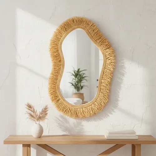 Espejo Artesanal Fibras Naturales Importado Indonesia Deco Marrón Claro