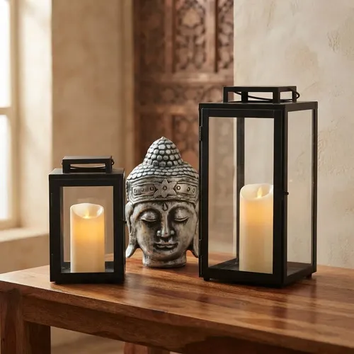 Juego X 2 Fanales De Metal Hindu Deco Importado 40cm/28cm  Negro