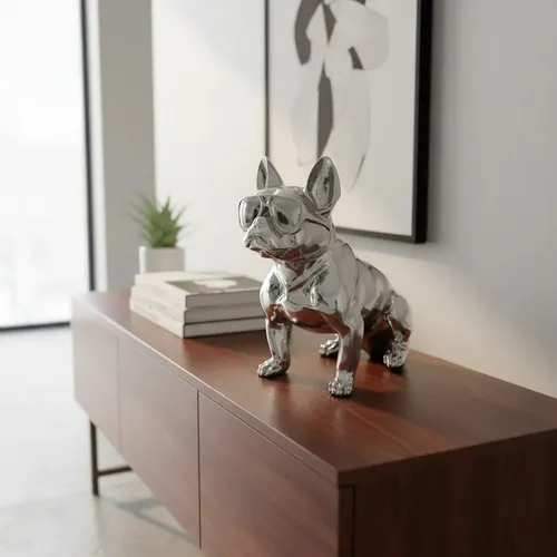 Escultura Bulldog Con Gafas Aluminio Artesanal D India 35cm Plateado