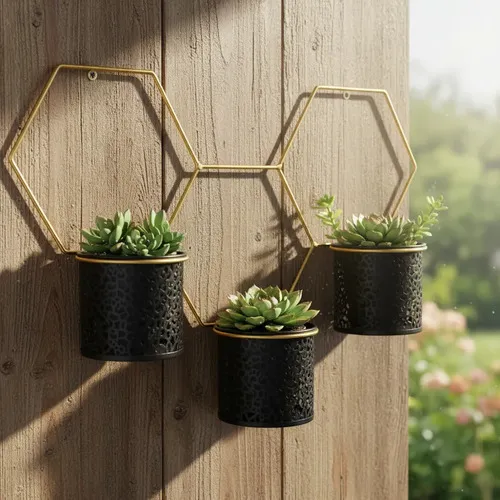 Porta Maceta Triple De Pared Hexagonal En Metal Importado Dorado Portamaceta