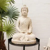 Estatua Buda Flores Artesanal Apto Exterior Ideal Xa Jardin Blanco