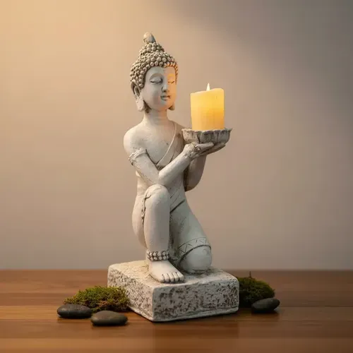 Estatua Buda Jardin  Porta Vela Resina 45 Cm Apto Exterior  Blanco