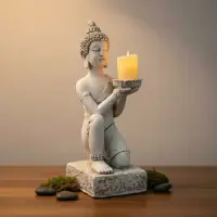 Estatua Buda Jardin  Porta Vela Resina 45 Cm Apto Exterior  Blanco