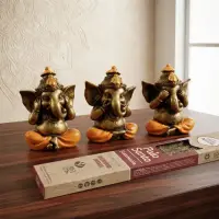 Estatuillas Resina X 3 Ganesha Sentidos-sabios Importadas Naranja