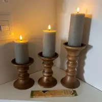 Set 3 Candelabros Madera Teka De India Portavela Artesanal