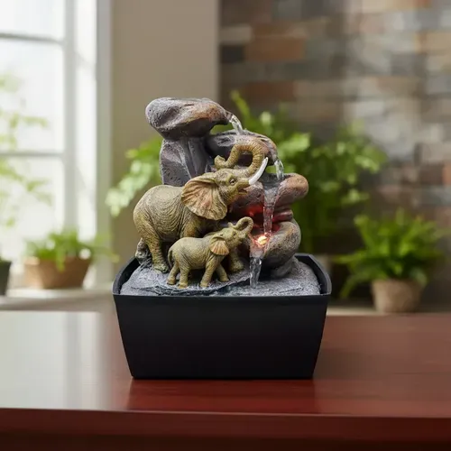 Fuente De Agua Zen Elefante Y Cria 25 Cm Con Bomba Y Led  Modelo 1