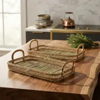 Set X2 Bandejas Rectangular De Bamboo Con Asas Importado Marrón