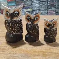 Familia De Búhos Hindú Set X 3 Madera Tallada Importado Marrón Oscuro