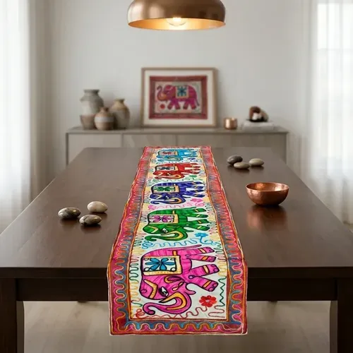 Camino Mesa Hindu Bordado Algodon Artesanal Importado India Mult Bordado