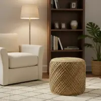 Puff De Yute Natural Rustico Importado Banco Mesa Artesanal Modelo 2