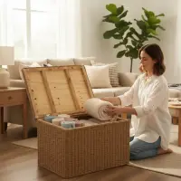 Puf Baul Asiento Rectangular Fibras Naturales Con Tapa Marrón
