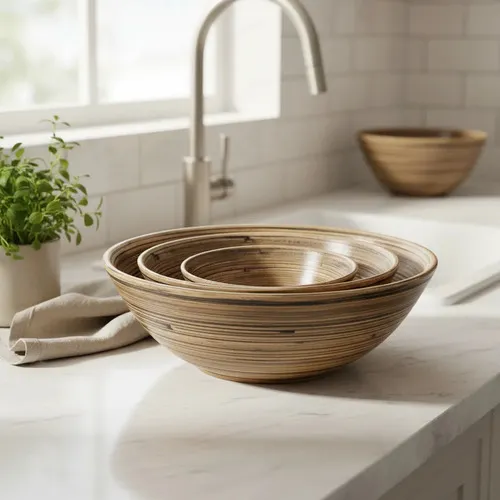 Set X 3 Unidades Bowl Bamboo Importado Bandejas Apilables Marrón