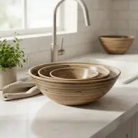 Set X 3 Unidades Bowl Bamboo Importado Bandejas Apilables Marrón